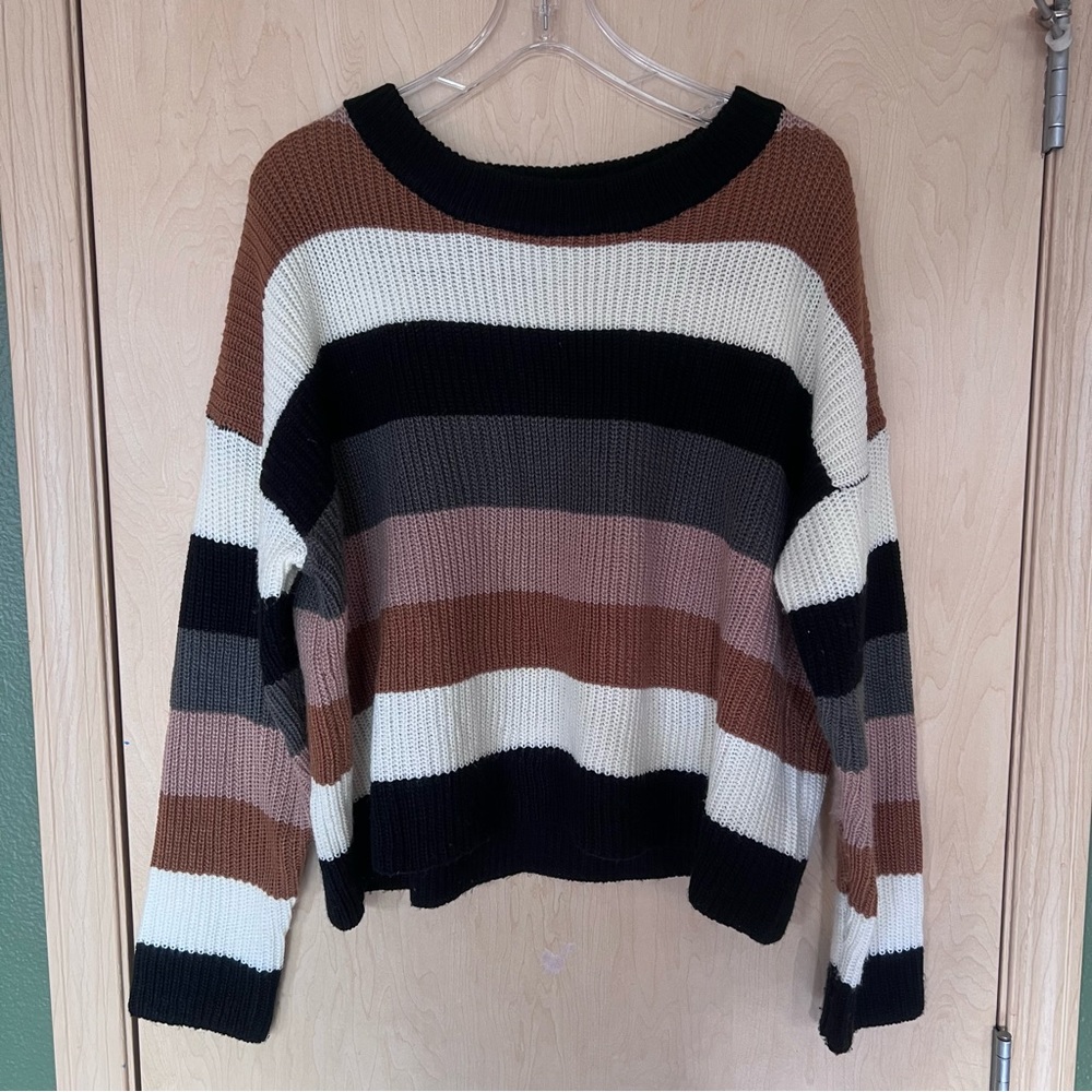 She + Sky Striped Cropped Sweater - Black/Brown/Cream